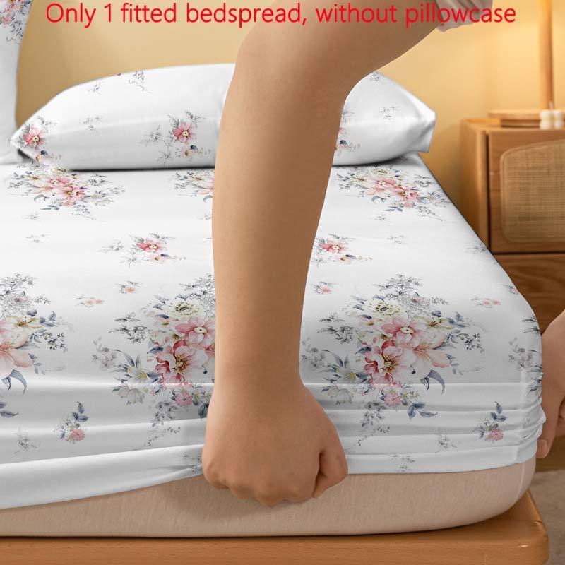 Floral Print Fitted Sheet and Quilted Bed Cover Set Polyester Machine Washable Fits Up to 29cm