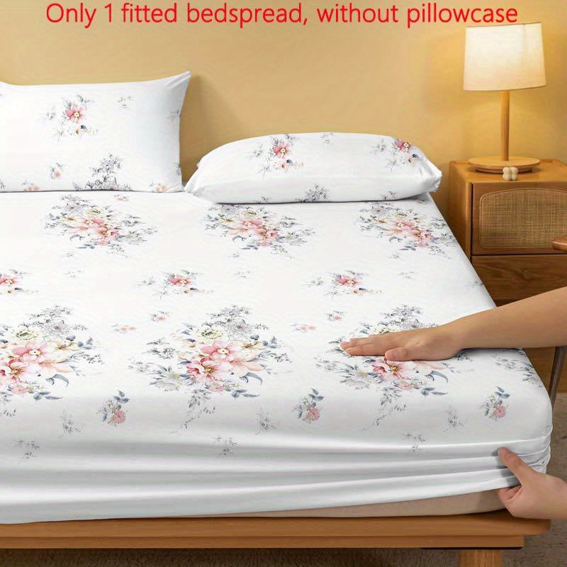 Floral Print Fitted Sheet and Quilted Bed Cover Set Polyester Machine Washable Fits Up to 29cm