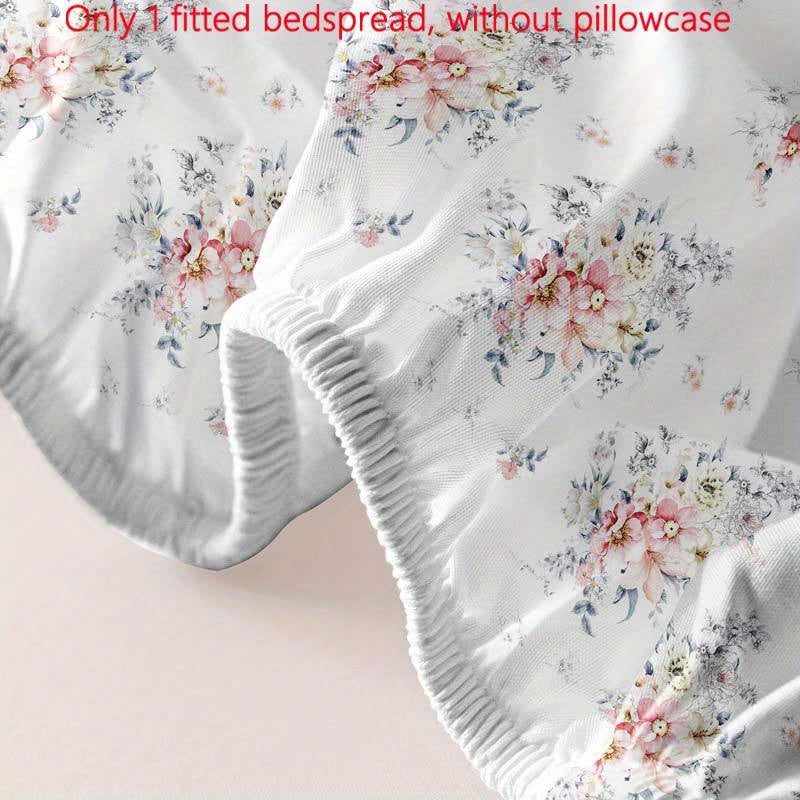 Floral Print Fitted Sheet and Quilted Bed Cover Set Polyester Machine Washable Fits Up to 29cm