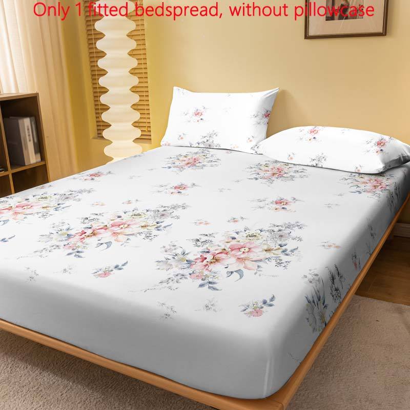 Floral Print Fitted Sheet and Quilted Bed Cover Set Polyester Machine Washable Fits Up to 29cm