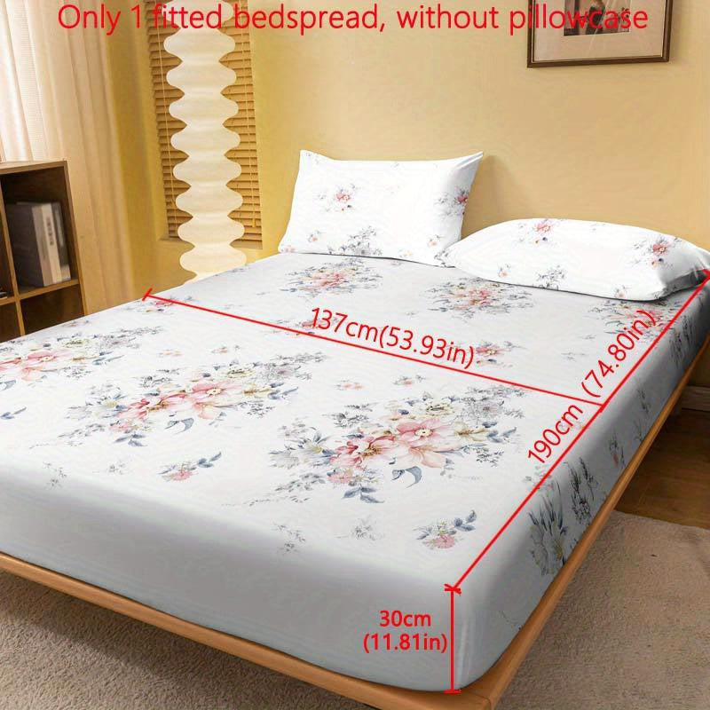 Floral Print Fitted Sheet and Quilted Bed Cover Set Polyester Machine Washable Fits Up to 29cm