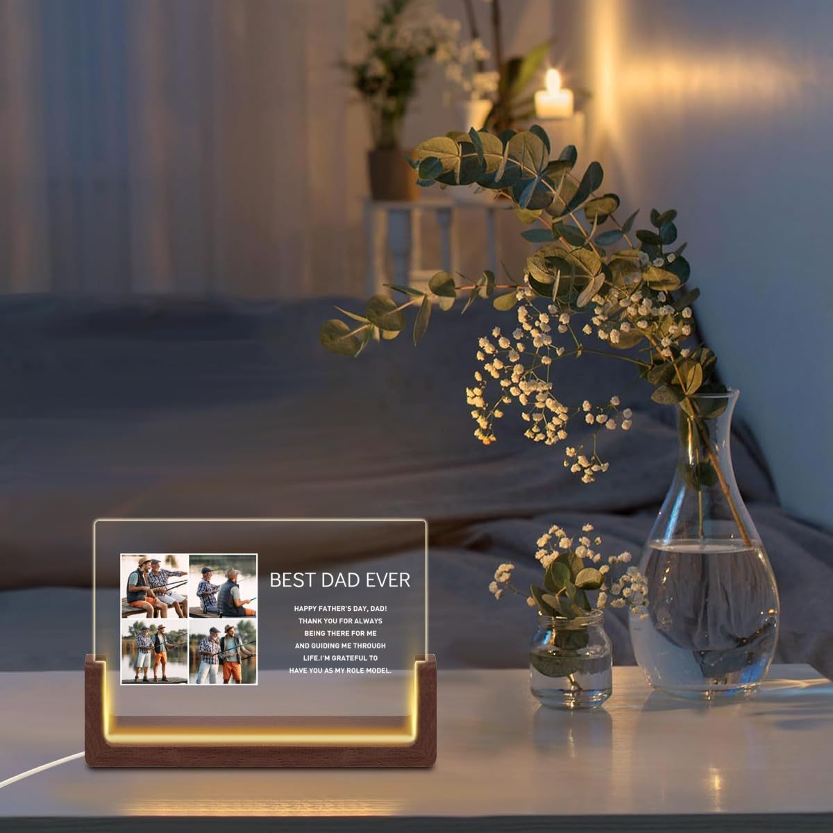 Acrylic Night Light with HD Flexiglass and Wooden Base for Father's Day