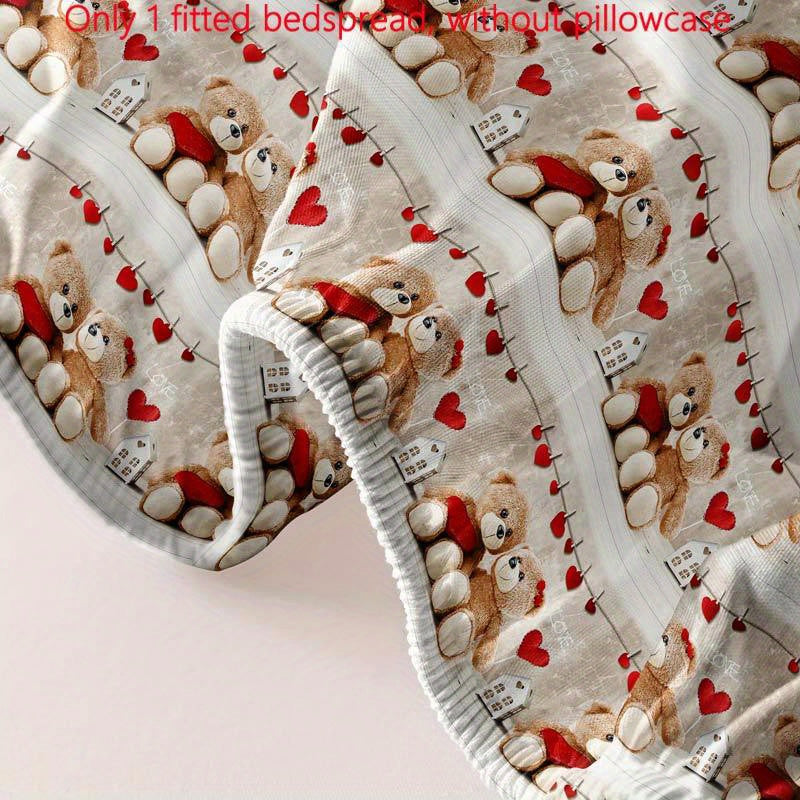 Quilted Fitted Sheet Teddy Bear Couple Print Soft Brushed Polyester Fits Mattresses Up to 29cm