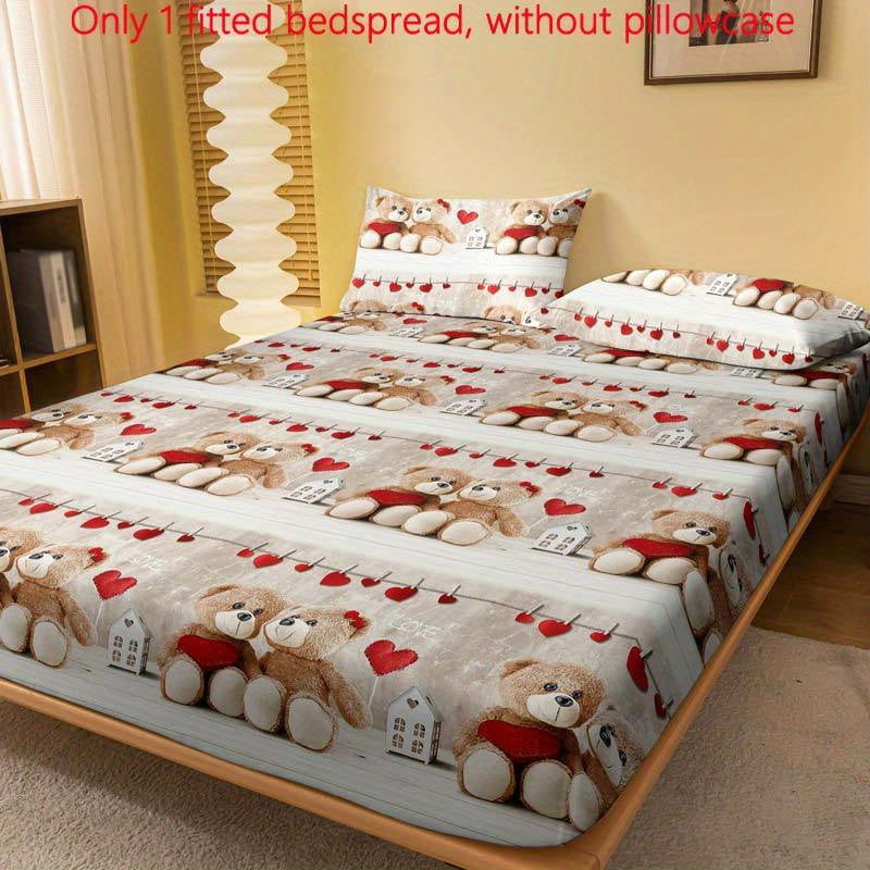 Quilted Fitted Sheet Teddy Bear Couple Print Soft Brushed Polyester Fits Mattresses Up to 29cm
