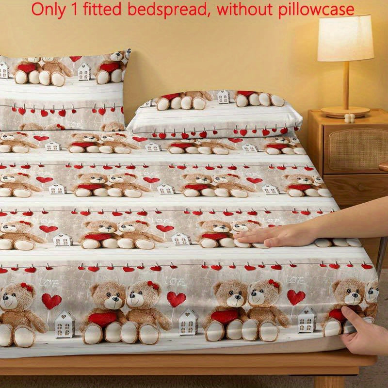 Quilted Fitted Sheet Teddy Bear Couple Print Soft Brushed Polyester Fits Mattresses Up to 29cm