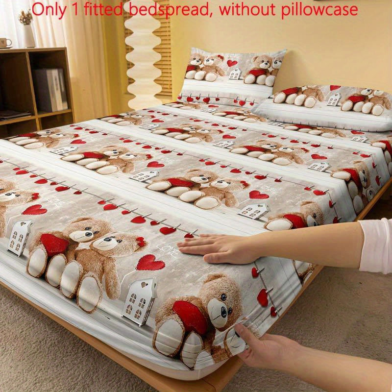 Quilted Fitted Sheet Teddy Bear Couple Print Soft Brushed Polyester Fits Mattresses Up to 29cm