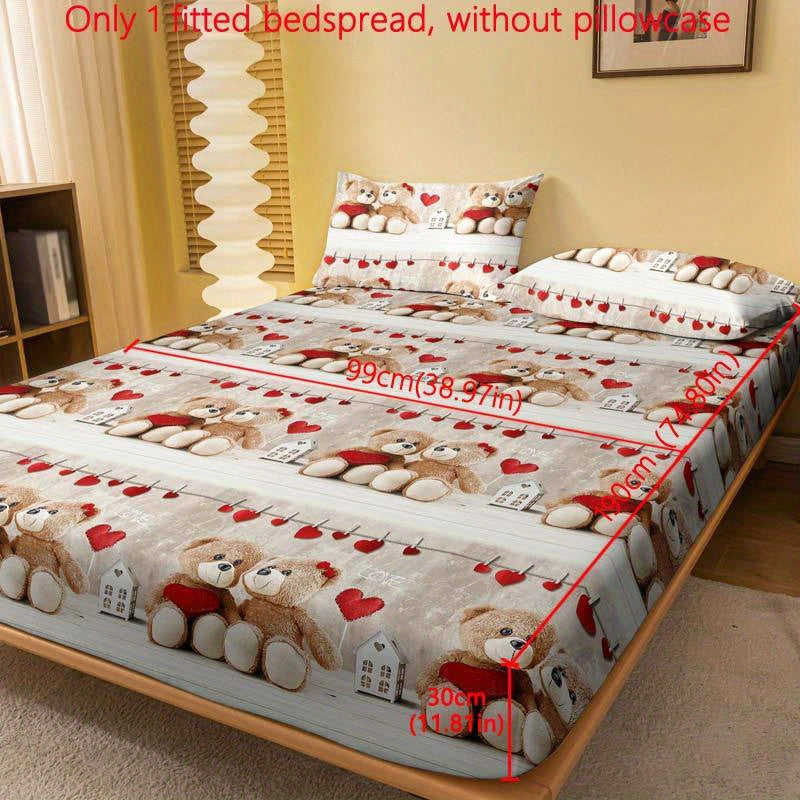 Quilted Fitted Sheet Teddy Bear Couple Print Soft Brushed Polyester Fits Mattresses Up to 29cm
