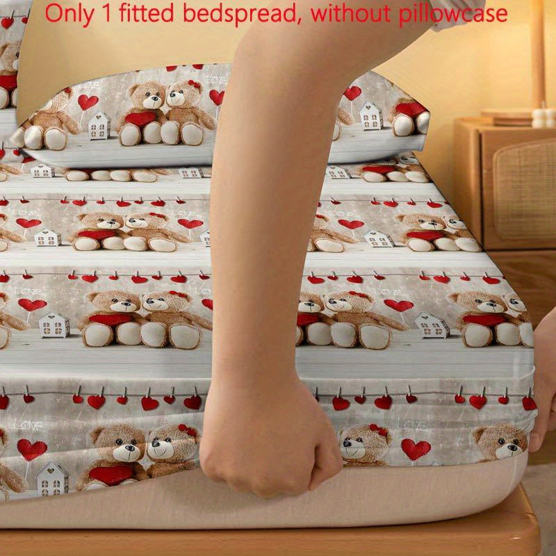 Quilted Fitted Sheet Teddy Bear Couple Print Soft Brushed Polyester Fits Mattresses Up to 29cm