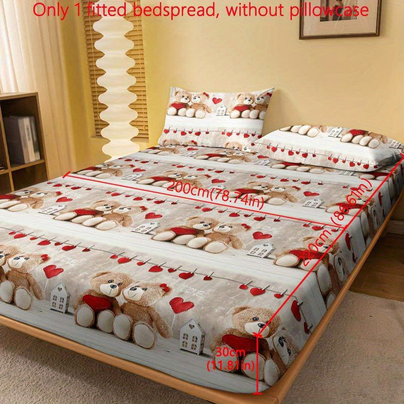 Quilted Fitted Sheet Teddy Bear Couple Print Soft Brushed Polyester Fits Mattresses Up to 29cm