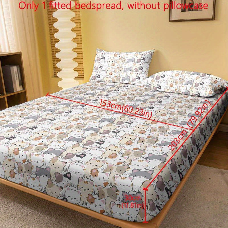 Funda de colchón ajustada con patrón de gatos adorables, cubierta de cama acolchada de poliéster para colchón de hasta 29cm