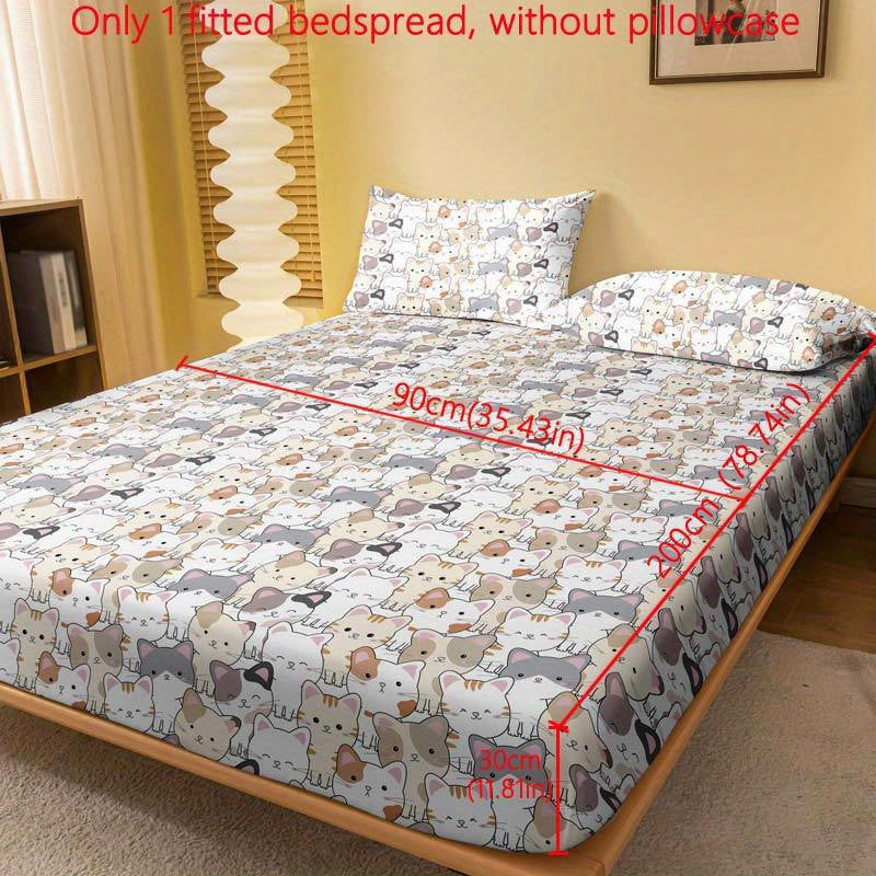 Funda de colchón ajustada con patrón de gatos adorables, cubierta de cama acolchada de poliéster para colchón de hasta 29cm