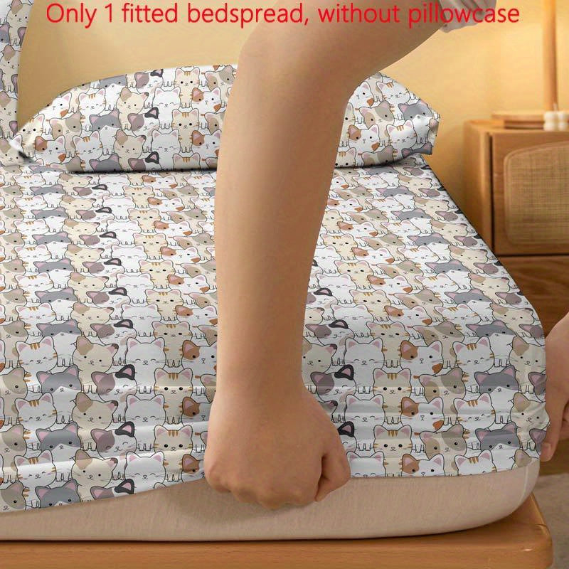 Funda de colchón ajustada con patrón de gatos adorables, cubierta de cama acolchada de poliéster para colchón de hasta 29cm