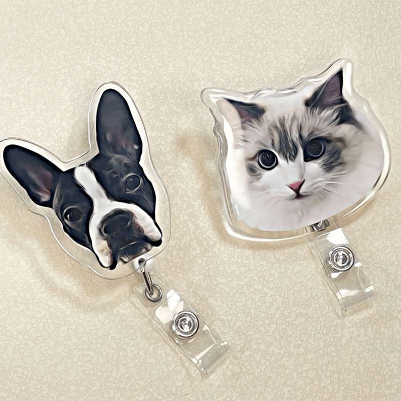 Custom Pet Face Badge Reel Acrylic ID Holder Personalized Dog Cat Animal Lover Gift