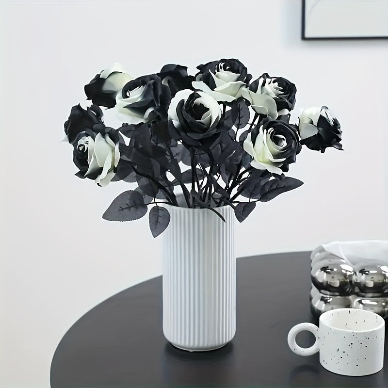 Ramo de 5 rosas artificiales en blanco y negro, flores de plástico góticas para decoración de bodas y Halloween