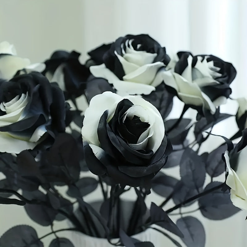 Ramo de 5 rosas artificiales en blanco y negro, flores de plástico góticas para decoración de bodas y Halloween