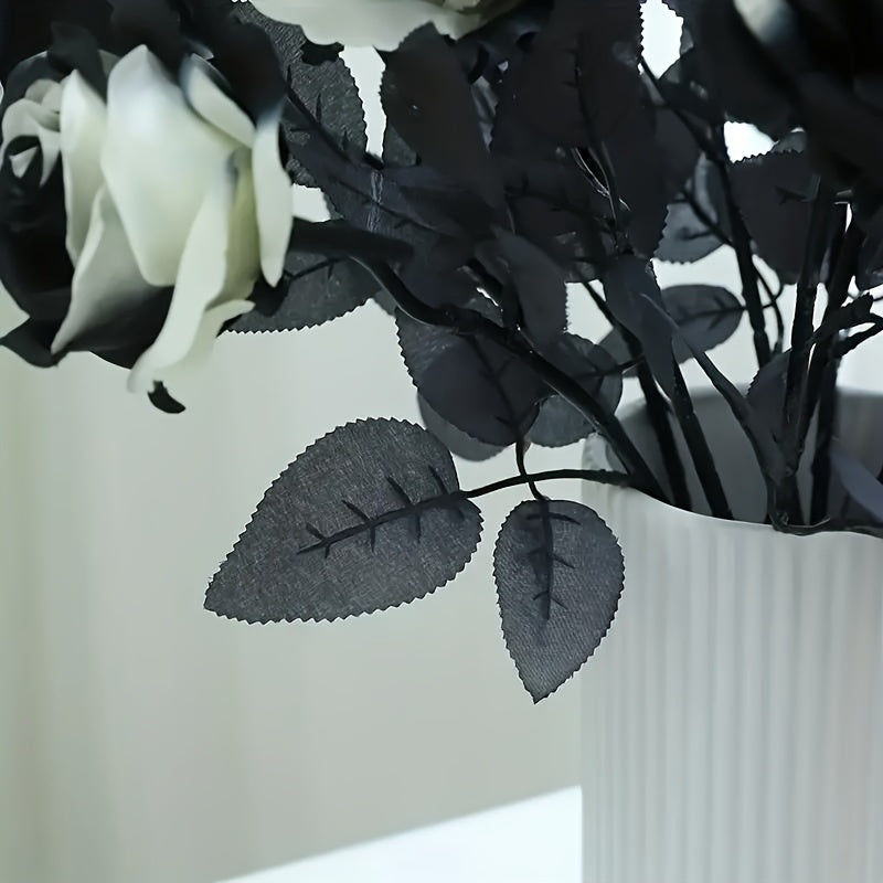 Ramo de 5 rosas artificiales en blanco y negro, flores de plástico góticas para decoración de bodas y Halloween