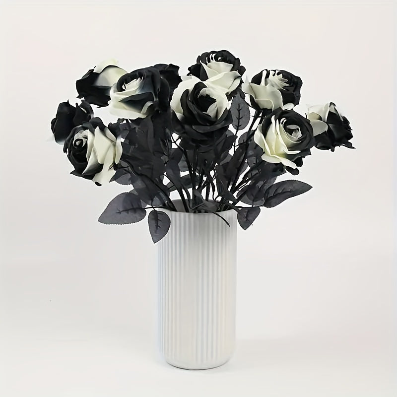 Ramo de 5 rosas artificiales en blanco y negro, flores de plástico góticas para decoración de bodas y Halloween