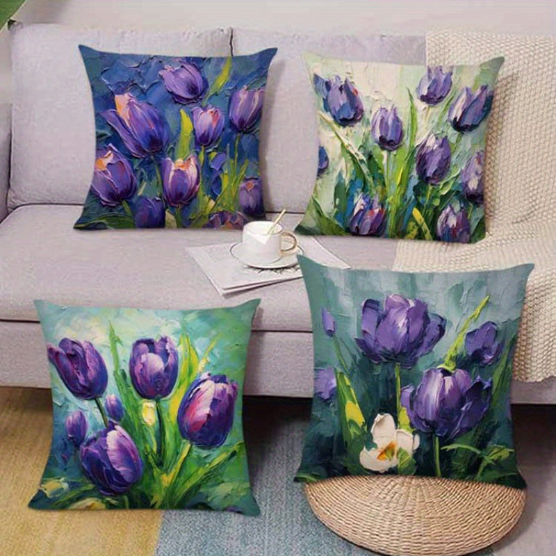 Contemporary Tulip Flower Polyester Throw Pillow Cover Woven Floral Design Zipper Closure