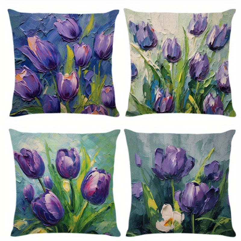 Contemporary Tulip Flower Polyester Throw Pillow Cover Woven Floral Design Zipper Closure