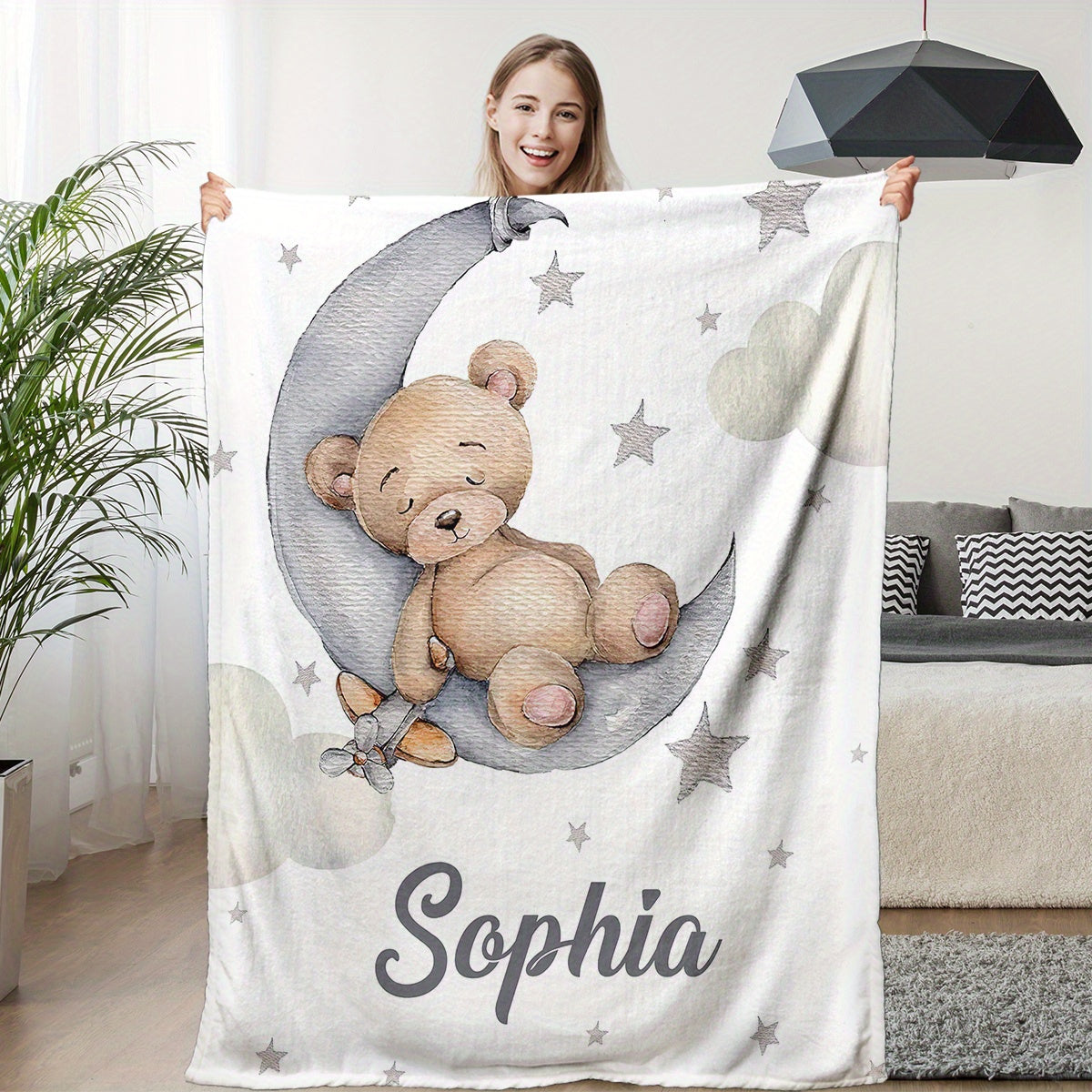 Personalized Teddy Bear and Moon Fleece Blanket Custom Name Soft Flannel Throw for Bedroom or Living Room