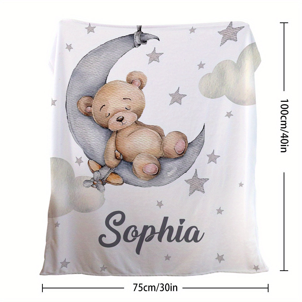 Personalized Teddy Bear and Moon Fleece Blanket Custom Name Soft Flannel Throw for Bedroom or Living Room