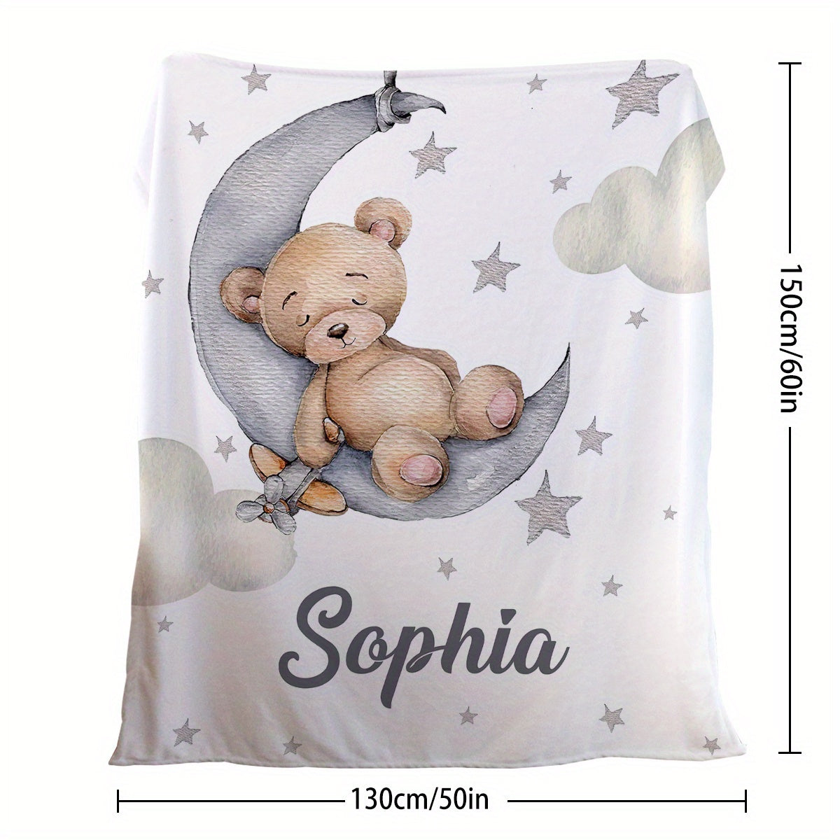 Personalized Teddy Bear and Moon Fleece Blanket Custom Name Soft Flannel Throw for Bedroom or Living Room