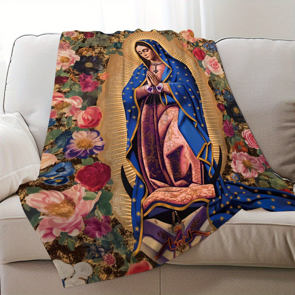 Soft Flannel Throw Blanket Virgin Mary Floral Print All Seasons for Naps Camping Travel Home Decor