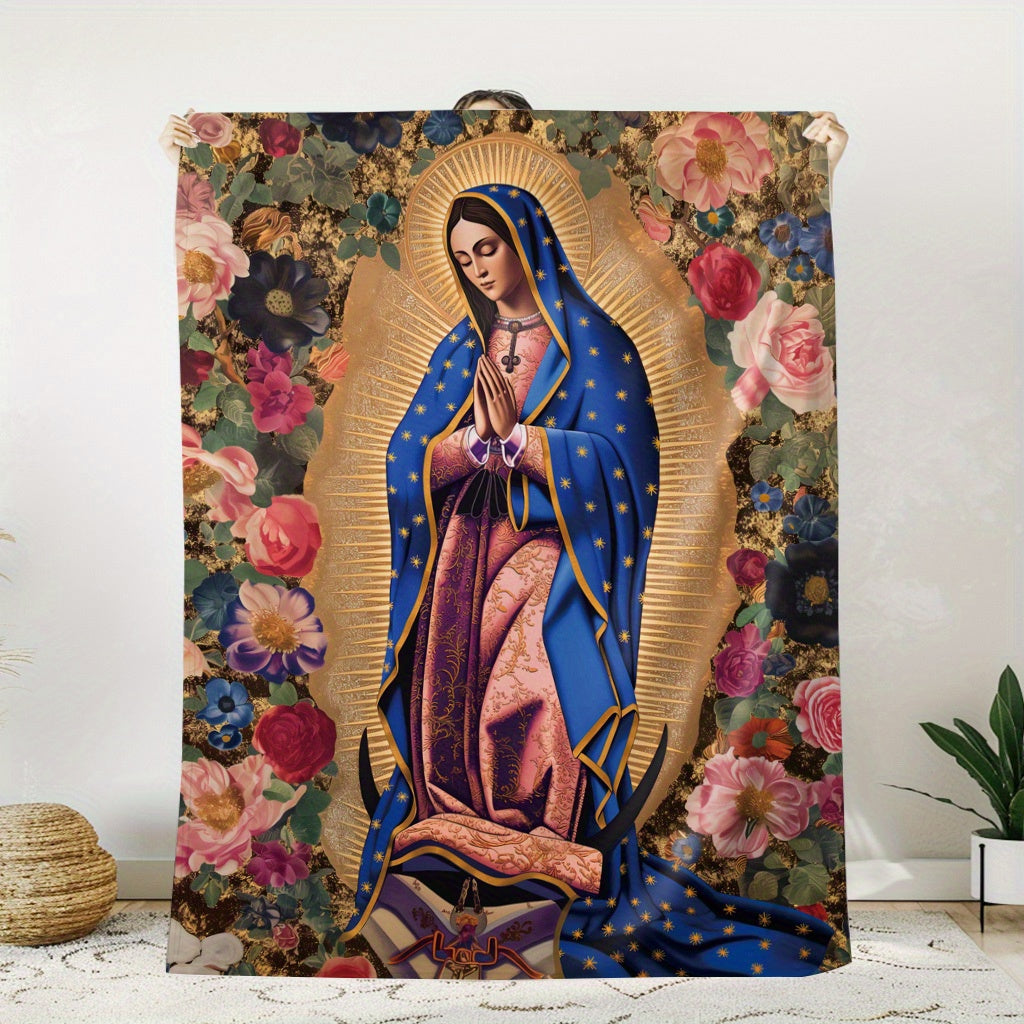 Soft Flannel Throw Blanket Virgin Mary Floral Print All Seasons for Naps Camping Travel Home Decor