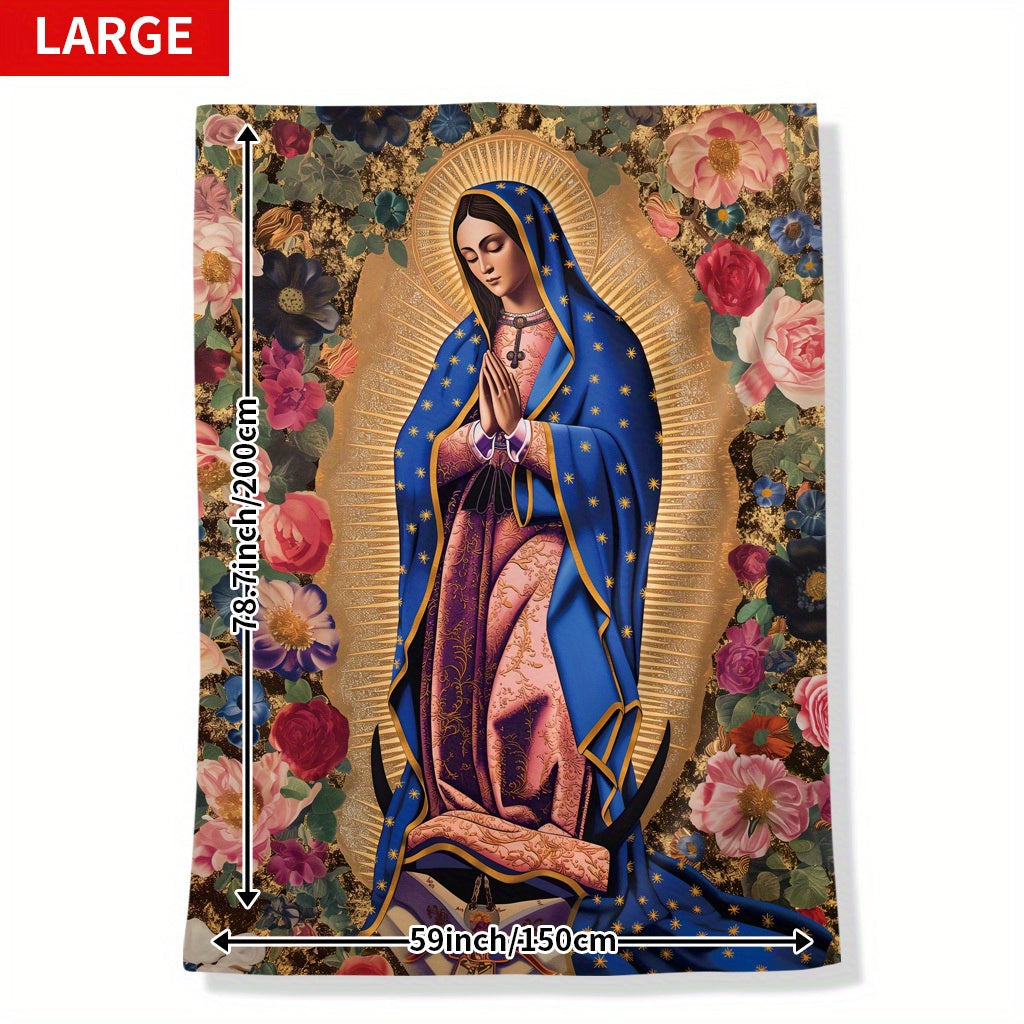Soft Flannel Throw Blanket Virgin Mary Floral Print All Seasons for Naps Camping Travel Home Decor