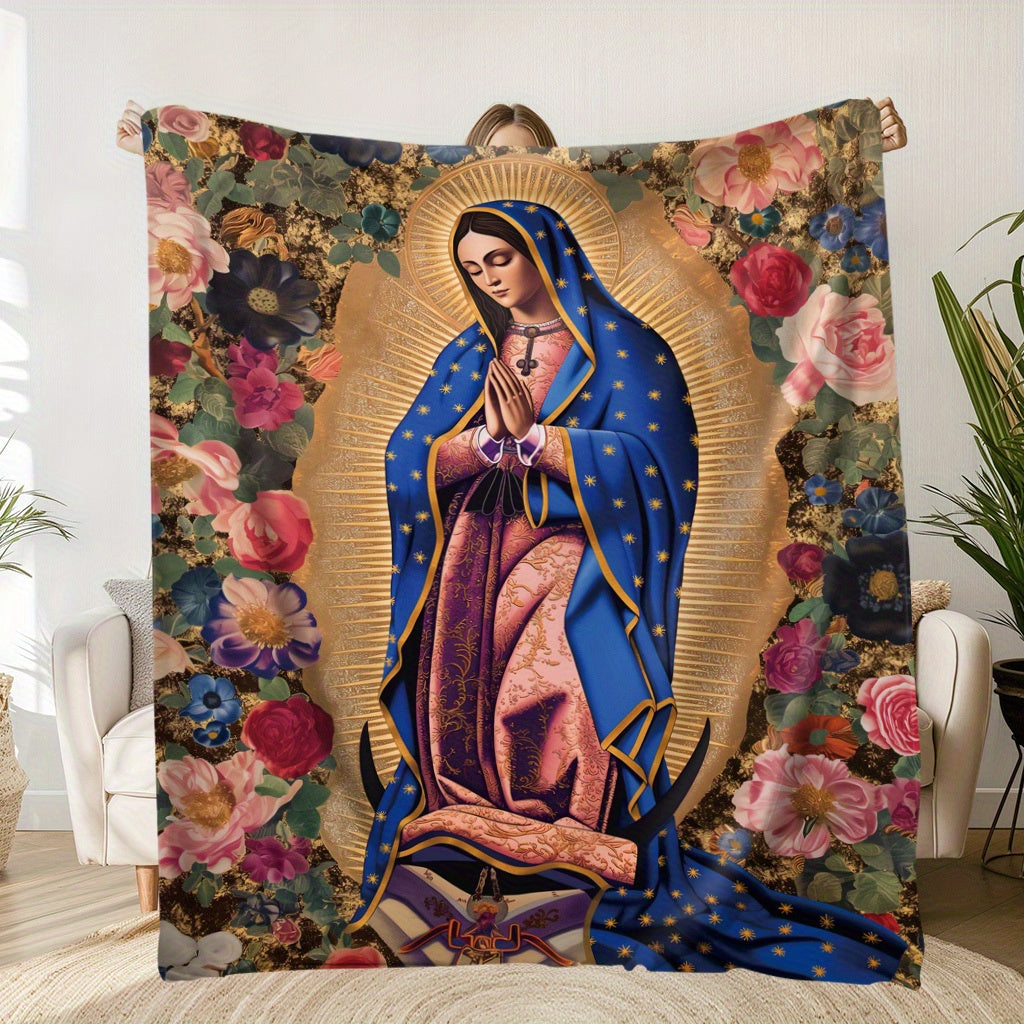 Soft Flannel Throw Blanket Virgin Mary Floral Print All Seasons for Naps Camping Travel Home Decor