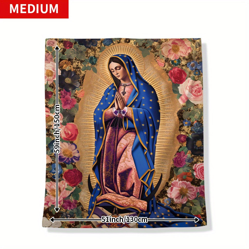 Soft Flannel Throw Blanket Virgin Mary Floral Print All Seasons for Naps Camping Travel Home Decor