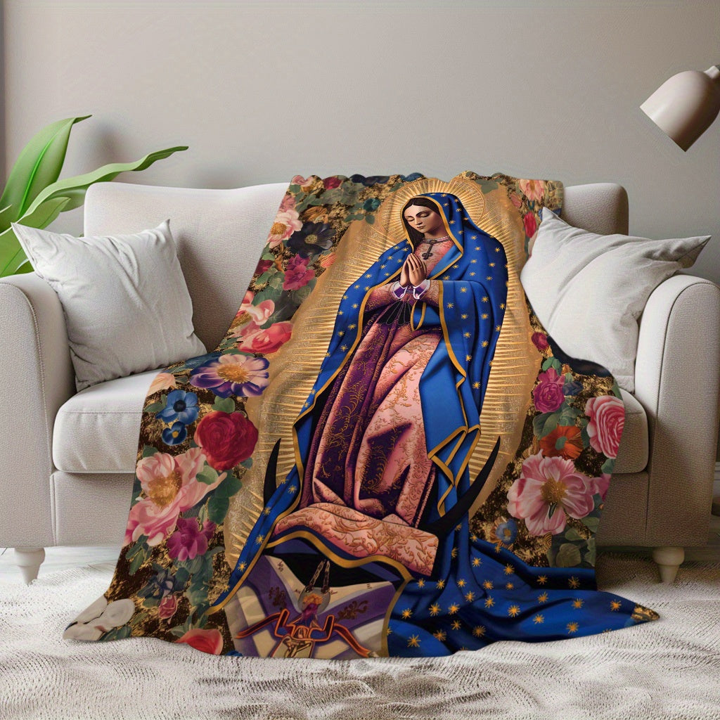 Soft Flannel Throw Blanket Virgin Mary Floral Print All Seasons for Naps Camping Travel Home Decor