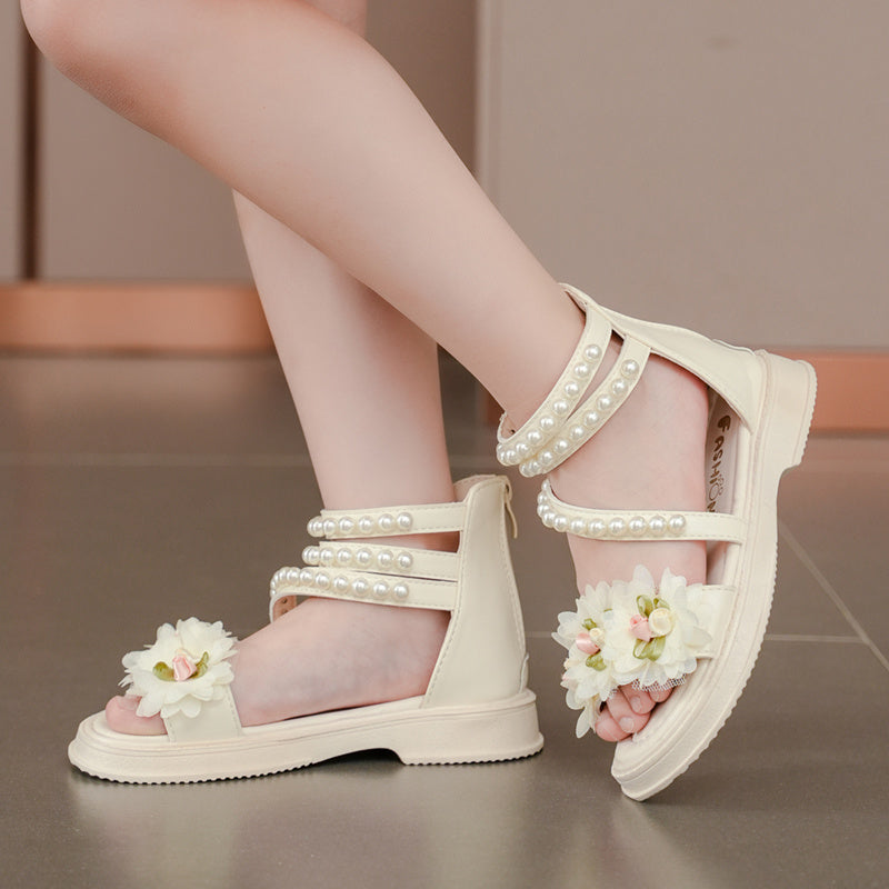 Sandalias de flores con perlas y punta abierta con cierre para bodas, fiestas y vacaciones