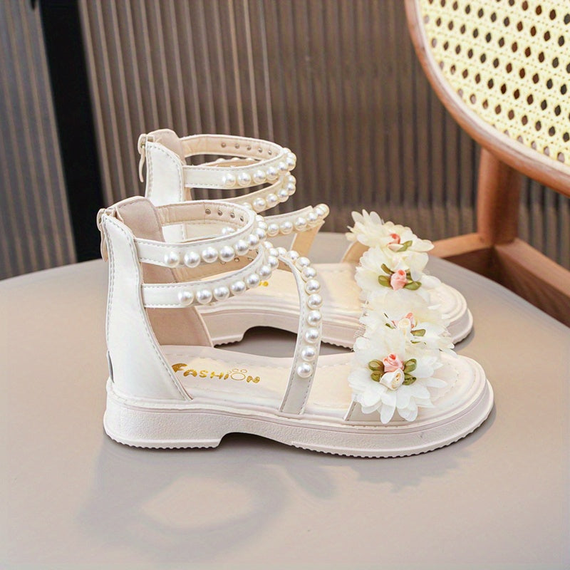 Sandalias de flores con perlas y punta abierta con cierre para bodas, fiestas y vacaciones