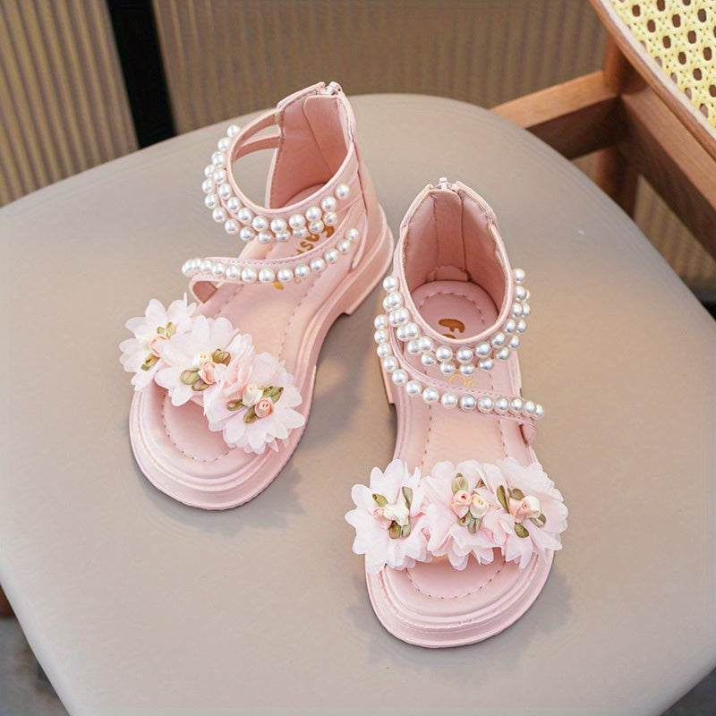 Sandalias de flores con perlas y punta abierta con cierre para bodas, fiestas y vacaciones