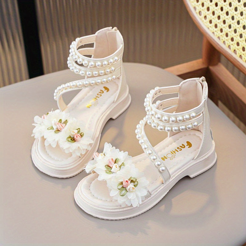 Girls Flower Pearl Open Toe Sandals Zipper for Weddings Parties Vacations