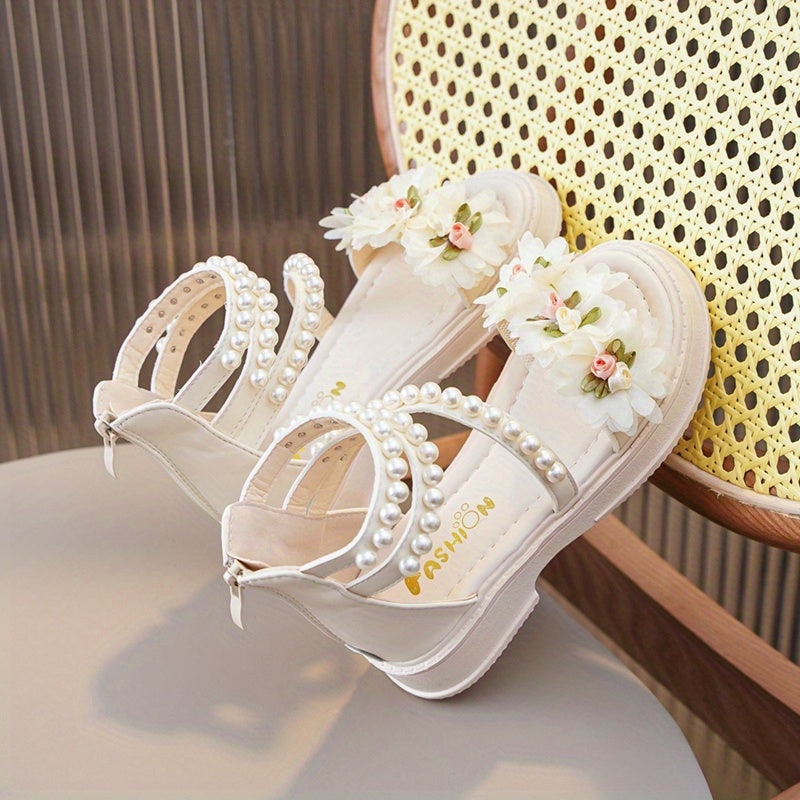 Sandalias de flores con perlas y punta abierta con cierre para bodas, fiestas y vacaciones