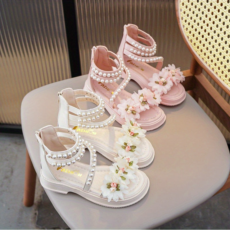 Girls Flower Pearl Open Toe Sandals Zipper for Weddings Parties Vacations