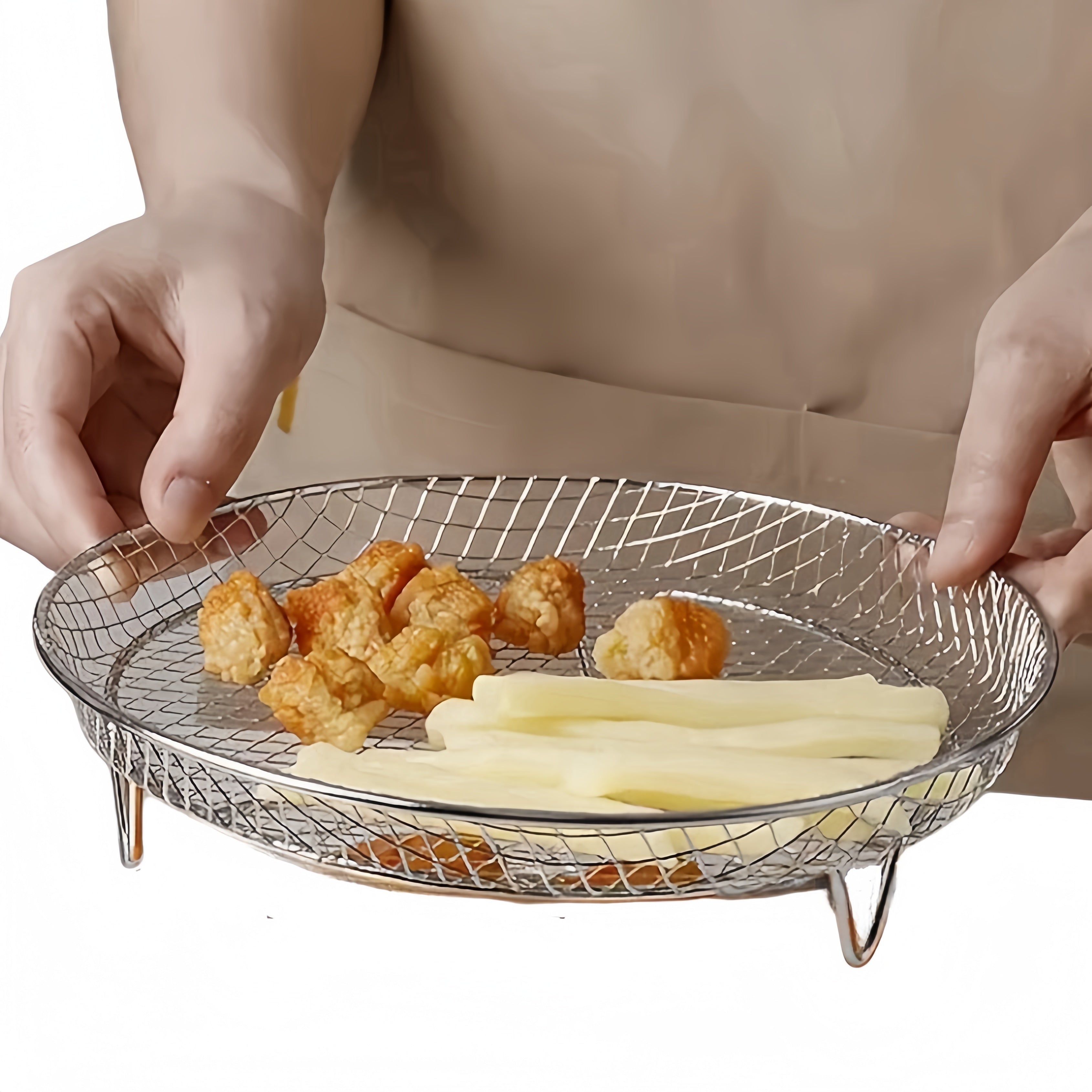 Havoni qovurish uchun zanglamaydigan po'latdan yasalgan aksessuar to'plami - doira panjara, bug' racki, quritish stendi, BBQ savati va ortiqcha filtrni o'z ichiga oladi.