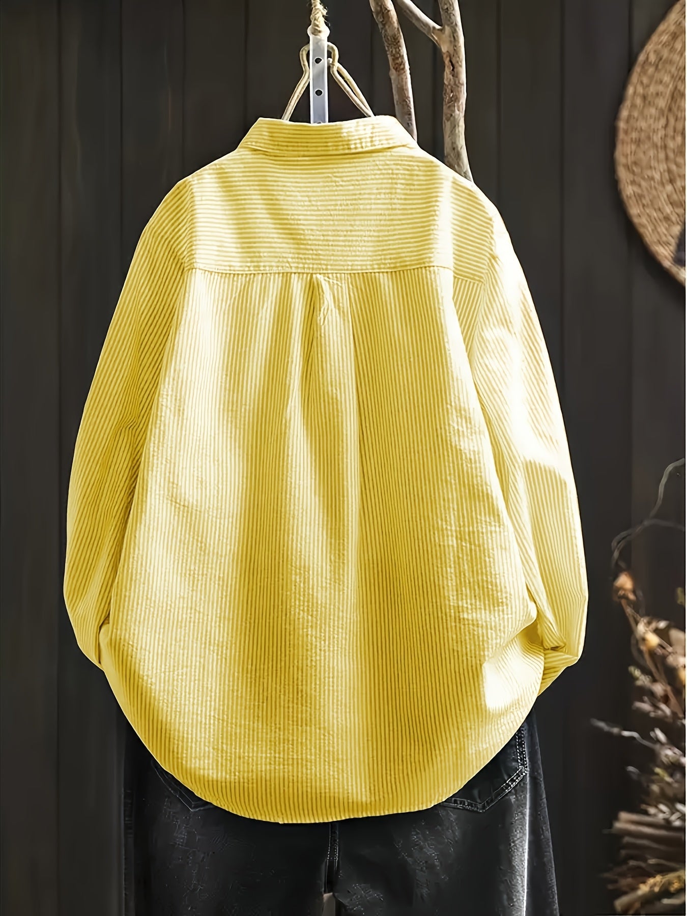 Plus Size Women's Striped Loose Fit Shirt Long Sleeve Button-Up Green White Vertical