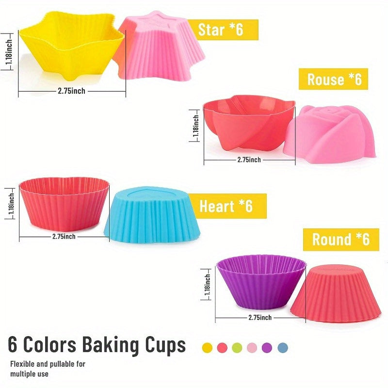 24 Reusable Silicone Baking Cups Set with Nonstick Muffin Molds in Round Star Heart Flower Shapes