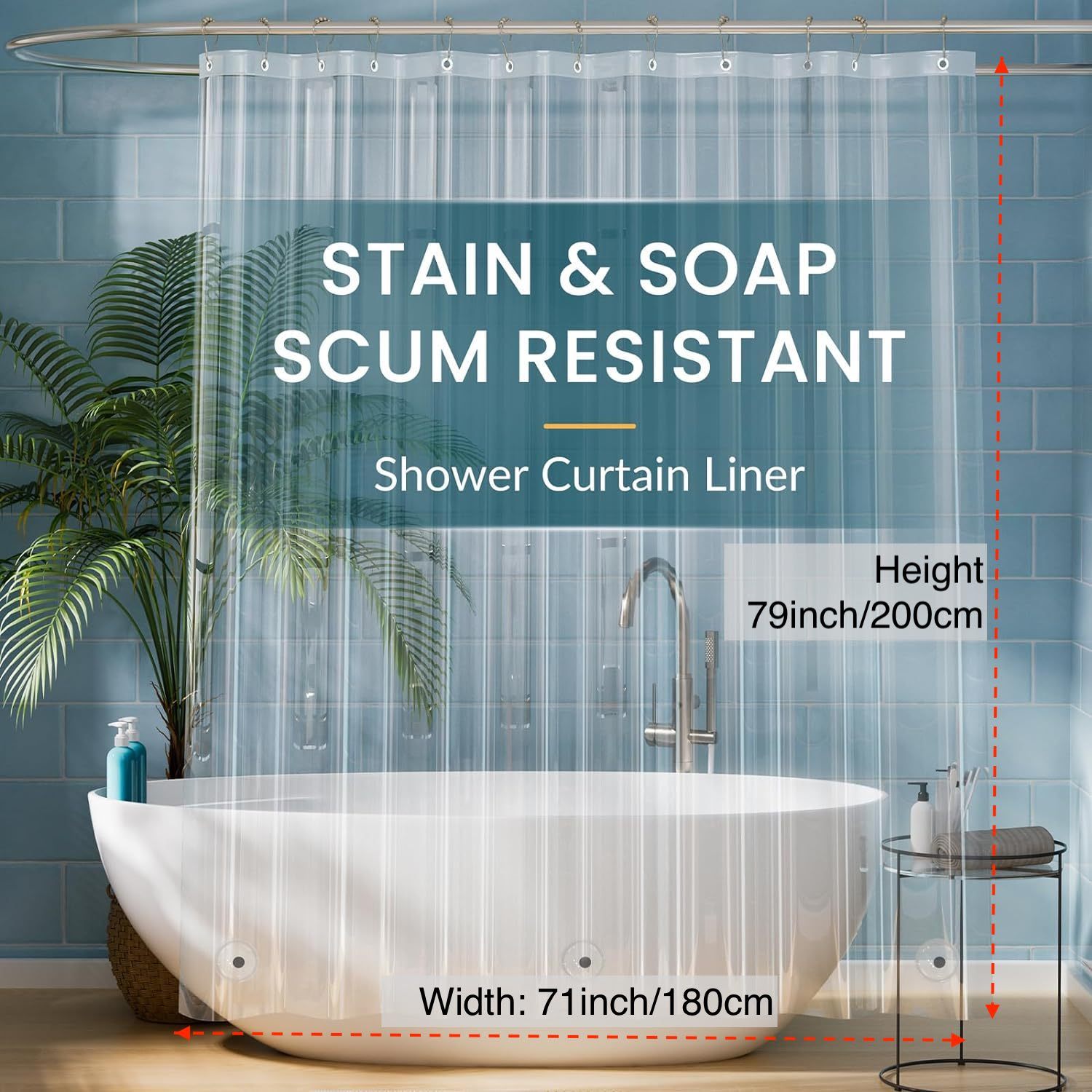 Cortina de ducha de PEVA transparente a prueba de agua con 3 imanes ponderados y 12 anillos