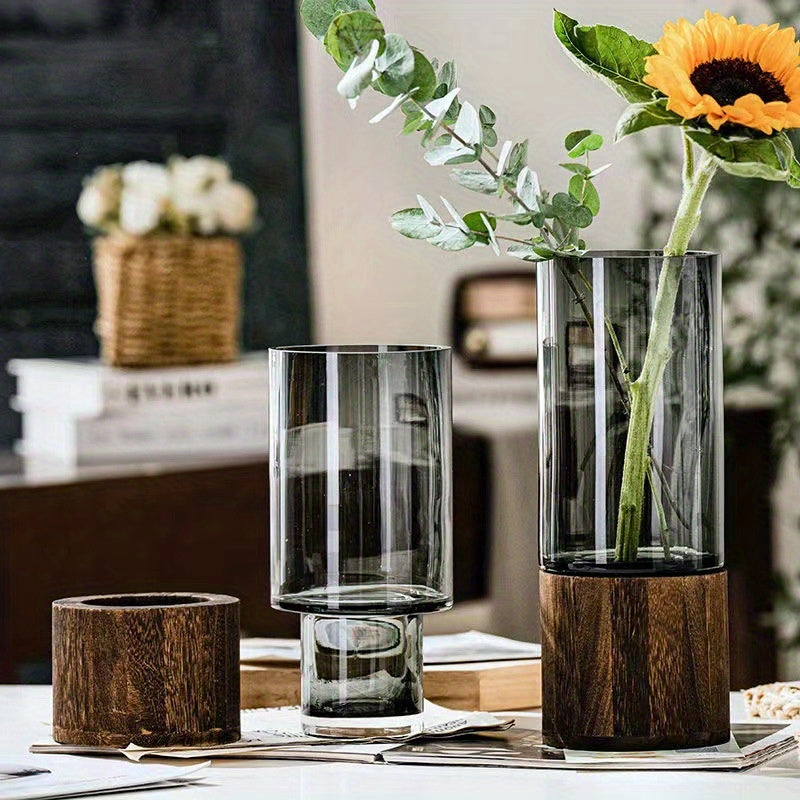 Glass Vase with Log Base Nordic Style for Living Room Decor