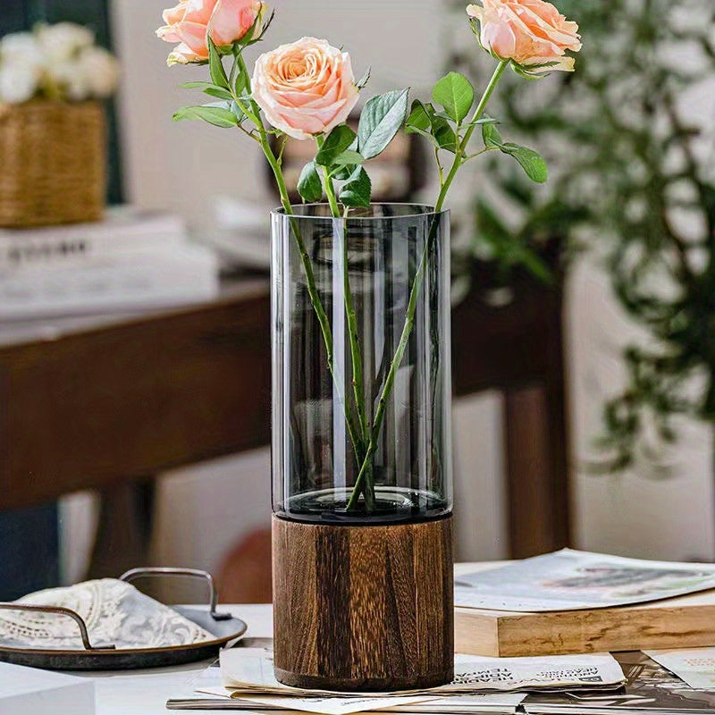 Glass Vase with Log Base Nordic Style for Living Room Decor