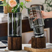 Glass Vase with Log Base Nordic Style for Living Room Decor