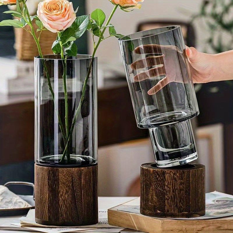 Glass Vase with Log Base Nordic Style for Living Room Decor
