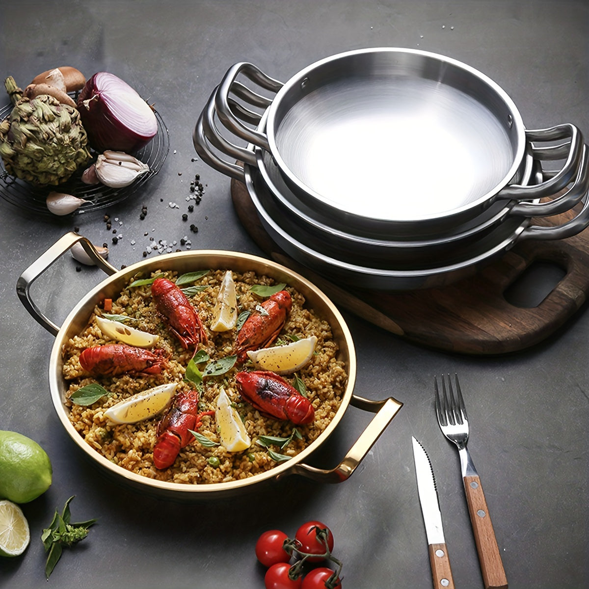 Stainless Steel Skillet Set 1 Piece Dishwasher Safe Induction Compatible Space-Saving