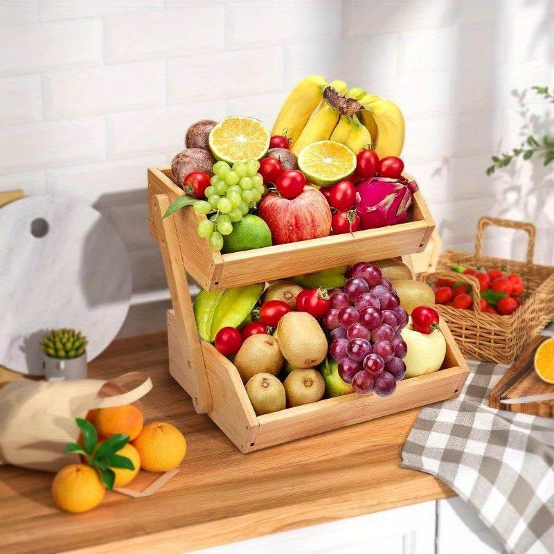 2-Tier Bamboo Kitchen Fruit and Vegetable Basket for Countertop Storage