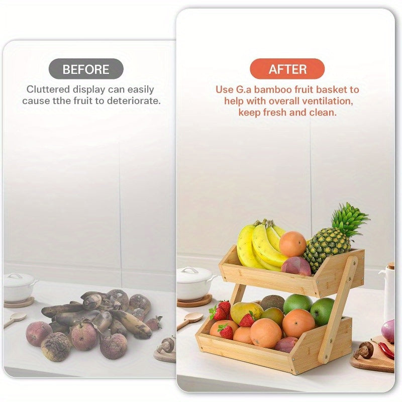 2-Tier Bamboo Kitchen Fruit and Vegetable Basket for Countertop Storage