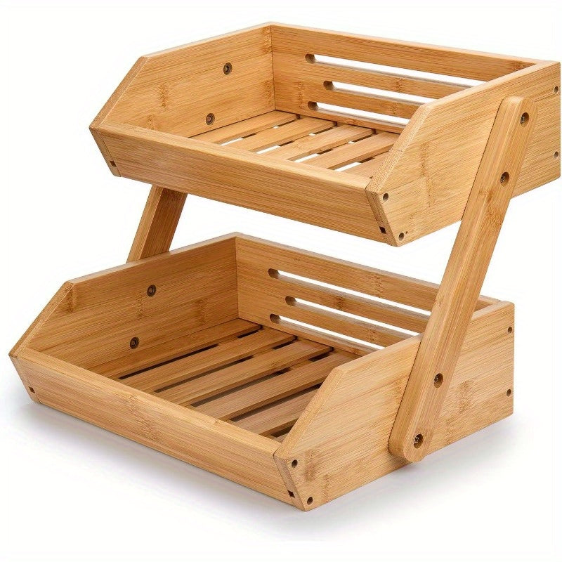 2-Tier Bamboo Kitchen Fruit and Vegetable Basket for Countertop Storage